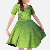 Green Gradient Polynesia Family Matching Off The Shoulder Long Sleeve Dress and Hawaiian Shirt Hawaiian Tribal Hammerhead Shark Tattoo LT14 Daughter's Dress Green - Polynesian Pride
