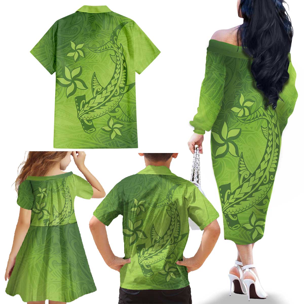 Green Gradient Polynesia Family Matching Off The Shoulder Long Sleeve Dress and Hawaiian Shirt Hawaiian Tribal Hammerhead Shark Tattoo LT14 - Polynesian Pride