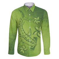 Green Gradient Polynesia Family Matching Short Sleeve Bodycon Dress and Hawaiian Shirt Hawaiian Tribal Hammerhead Shark Tattoo LT14 Dad's Shirt - Long Sleeve Green - Polynesian Pride