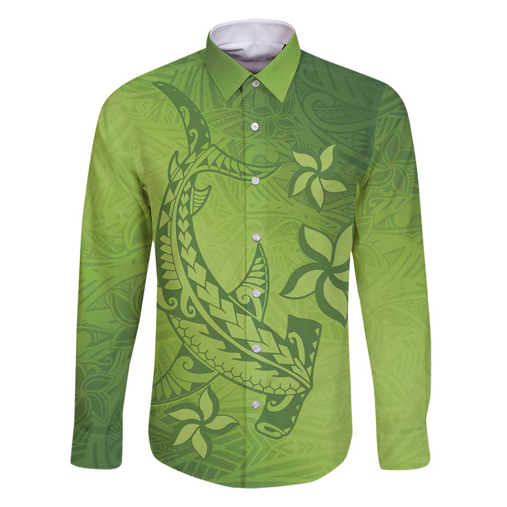 Green Gradient Polynesia Family Matching Tank Maxi Dress and Hawaiian Shirt Hawaiian Tribal Hammerhead Shark Tattoo LT14 Dad's Shirt - Long Sleeve Green - Polynesian Pride