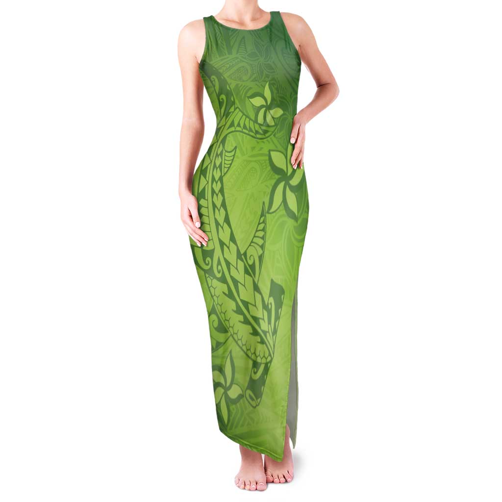 Green Gradient Polynesia Family Matching Tank Maxi Dress and Hawaiian Shirt Hawaiian Tribal Hammerhead Shark Tattoo LT14 Mom's Dress Green - Polynesian Pride