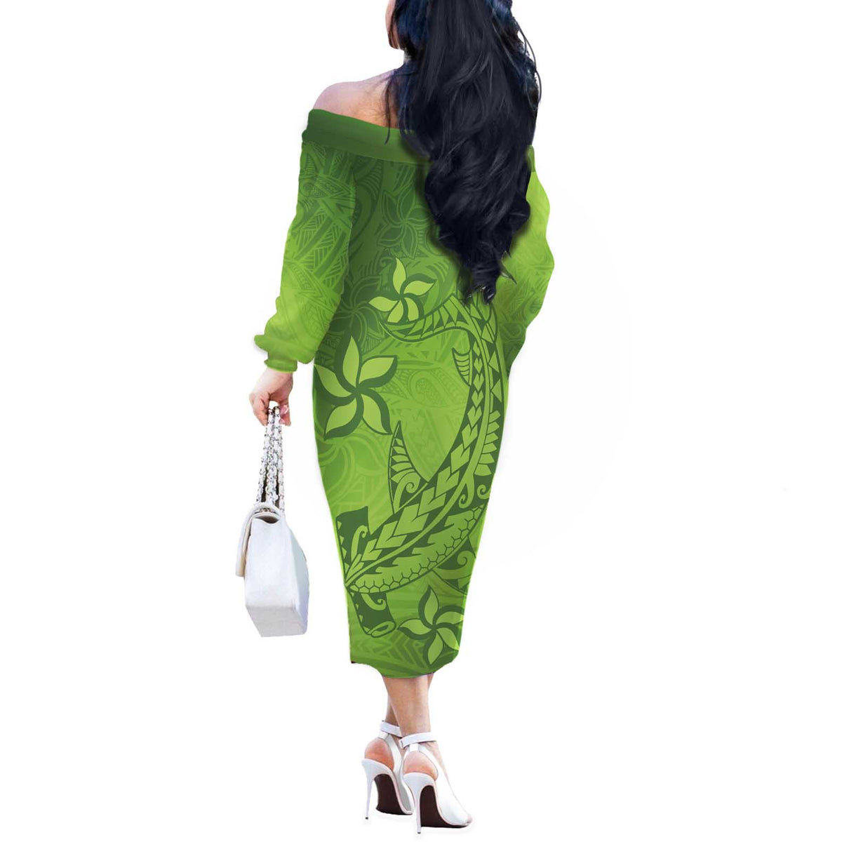 Green Gradient Polynesia Off The Shoulder Long Sleeve Dress Hawaiian Tribal Hammerhead Shark Tattoo LT14 - Polynesian Pride