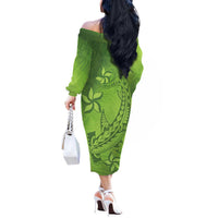 Green Gradient Polynesia Off The Shoulder Long Sleeve Dress Hawaiian Tribal Hammerhead Shark Tattoo LT14 - Polynesian Pride