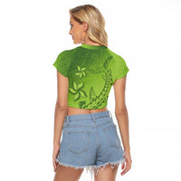 Green Gradient Polynesia Raglan Cropped T Shirt Hawaiian Tribal Hammerhead Shark Tattoo
