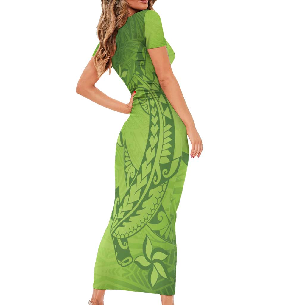 Green Gradient Polynesia Short Sleeve Bodycon Dress Hawaiian Tribal Hammerhead Shark Tattoo