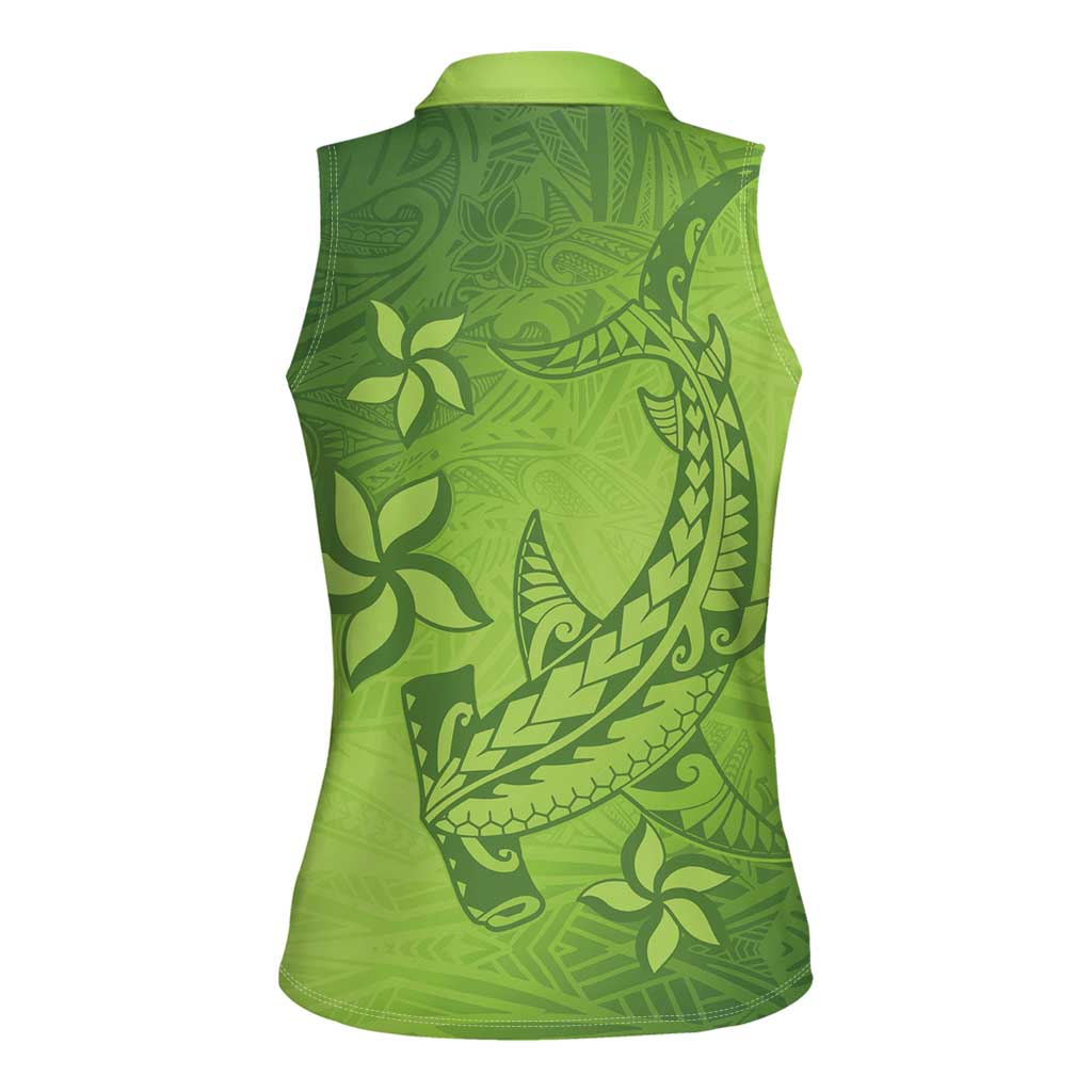 Green Gradient Polynesia Women Sleeveless Polo Shirt Hawaiian Tribal Hammerhead Shark Tattoo