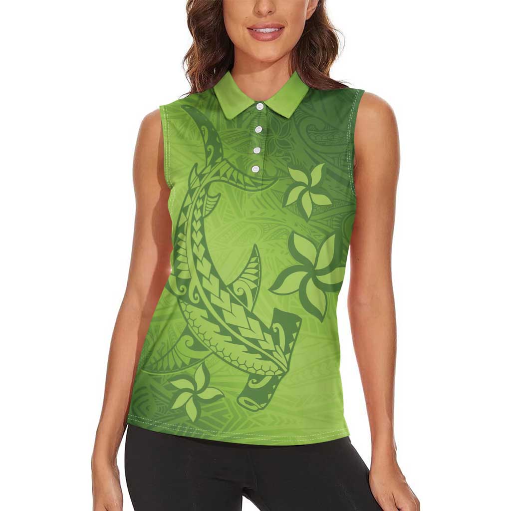 Green Gradient Polynesia Women Sleeveless Polo Shirt Hawaiian Tribal Hammerhead Shark Tattoo