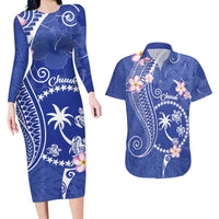 FSM Chuuk Constitution Day Couples Matching Long Sleeve Bodycon Dress and Hawaiian Shirt Frangipani Flowers Polynesian Curves Style LT14 Blue - Polynesian Pride