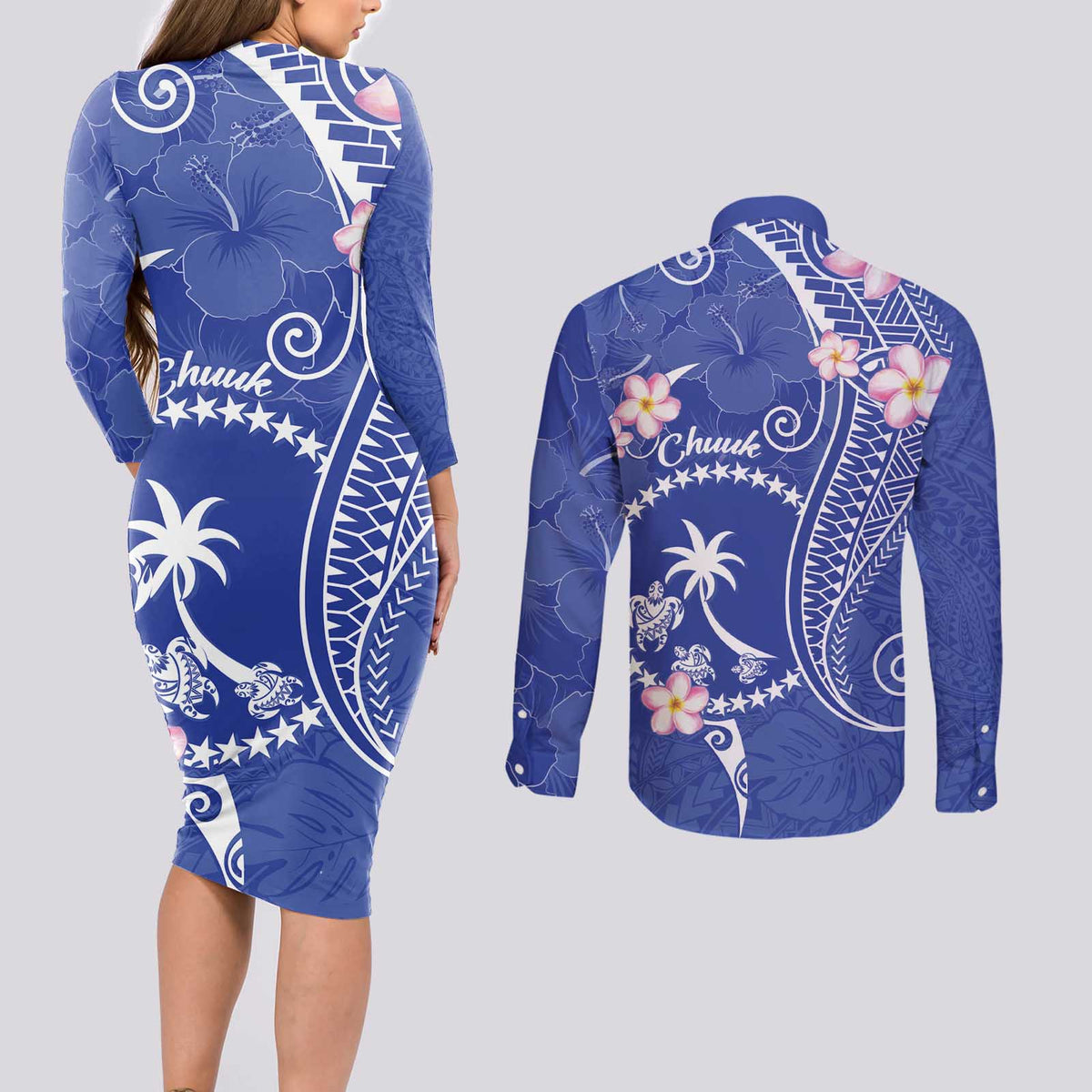 FSM Chuuk Constitution Day Couples Matching Long Sleeve Bodycon Dress and Long Sleeve Button Shirt Frangipani Flowers Polynesian Curves Style