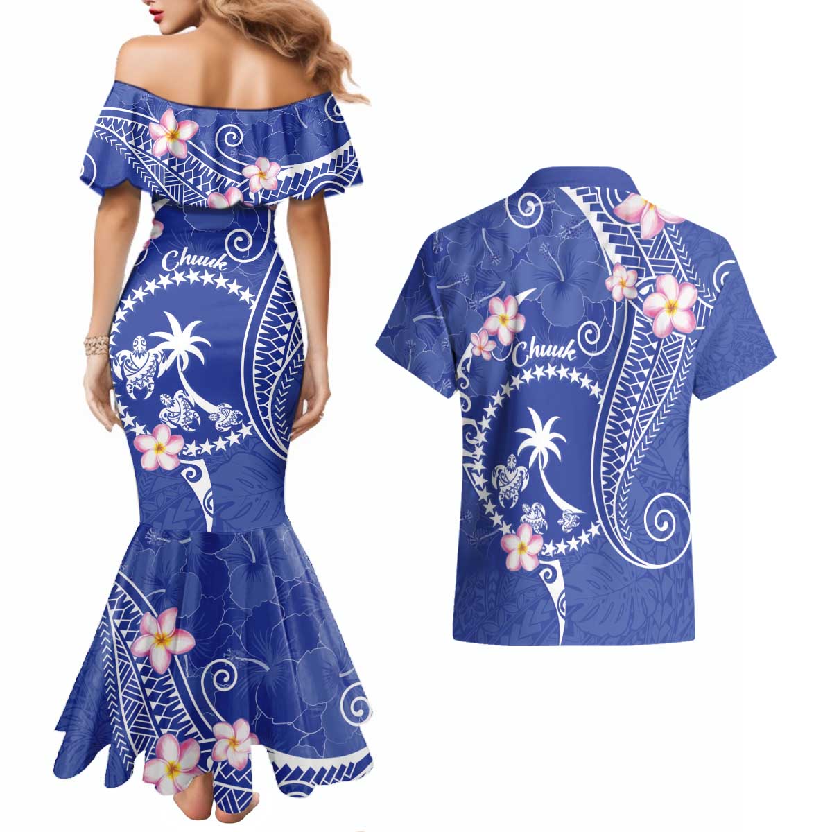 FSM Chuuk Constitution Day Couples Matching Mermaid Dress and Hawaiian Shirt Frangipani Flowers Polynesian Curves Style LT14 - Polynesian Pride