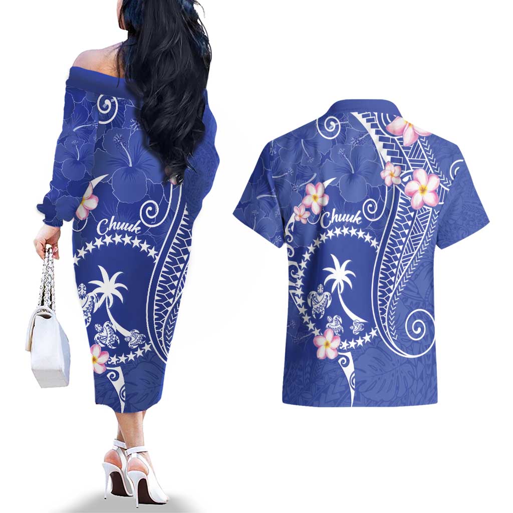 FSM Chuuk Constitution Day Couples Matching Off The Shoulder Long Sleeve Dress and Hawaiian Shirt Frangipani Flowers Polynesian Curves Style LT14 - Polynesian Pride