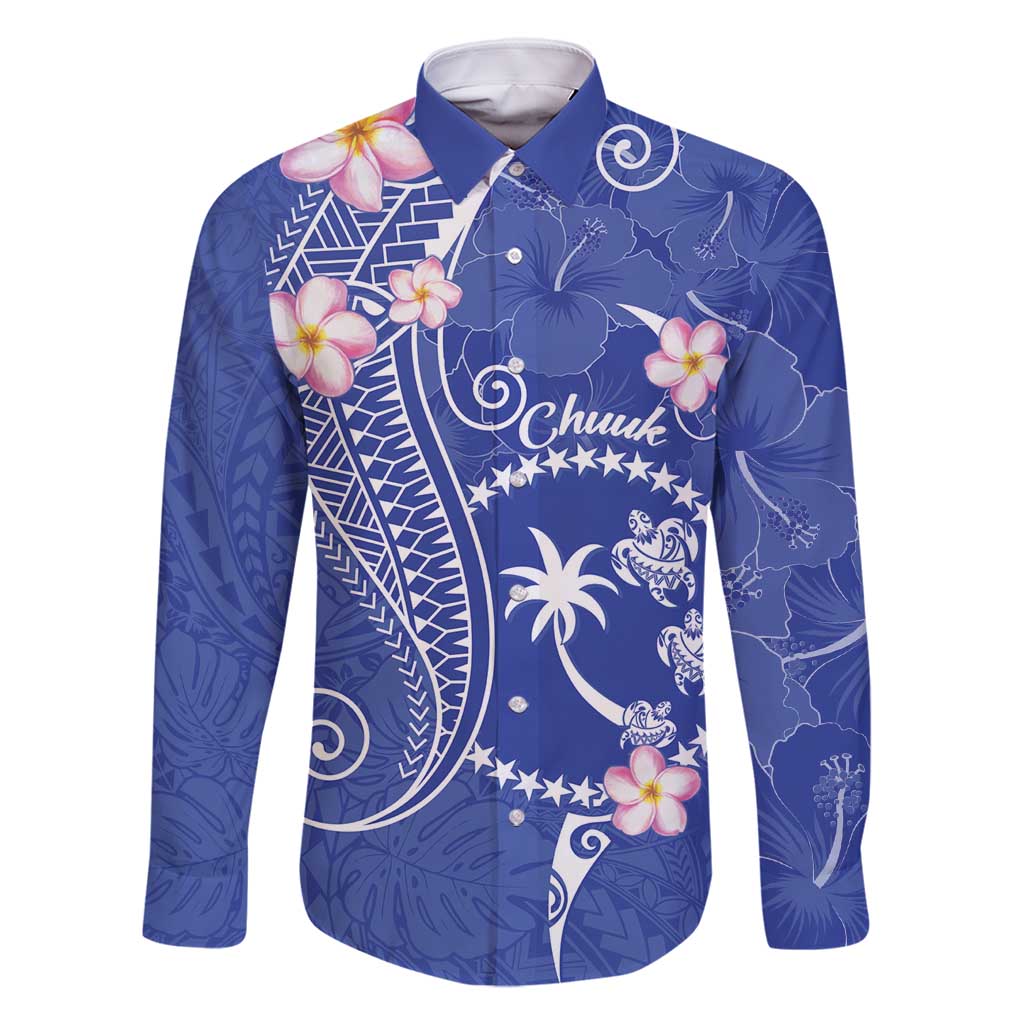 FSM Chuuk Constitution Day Family Matching Long Sleeve Bodycon Dress and Hawaiian Shirt Frangipani Flowers Polynesian Curves Style LT14 Dad's Shirt - Long Sleeve Blue - Polynesian Pride