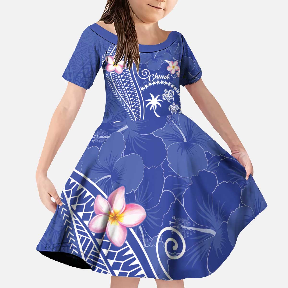 FSM Chuuk Constitution Day Family Matching Off The Shoulder Long Sleeve Dress and Hawaiian Shirt Frangipani Flowers Polynesian Curves Style LT14 Daughter's Dress Blue - Polynesian Pride
