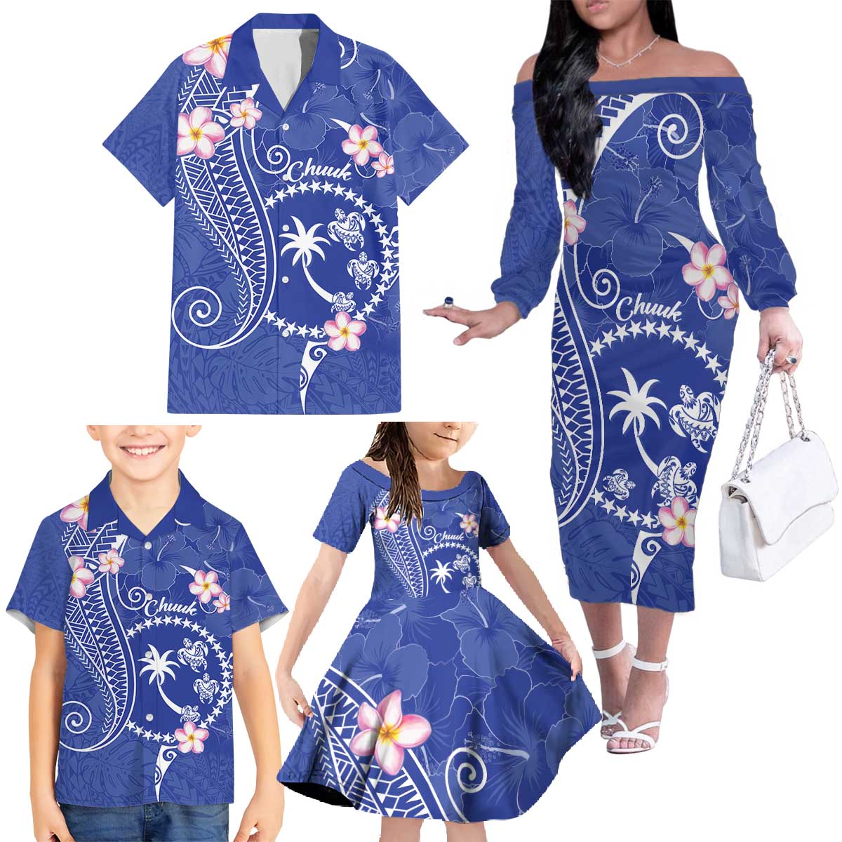FSM Chuuk Constitution Day Family Matching Off The Shoulder Long Sleeve Dress and Hawaiian Shirt Frangipani Flowers Polynesian Curves Style LT14 - Polynesian Pride