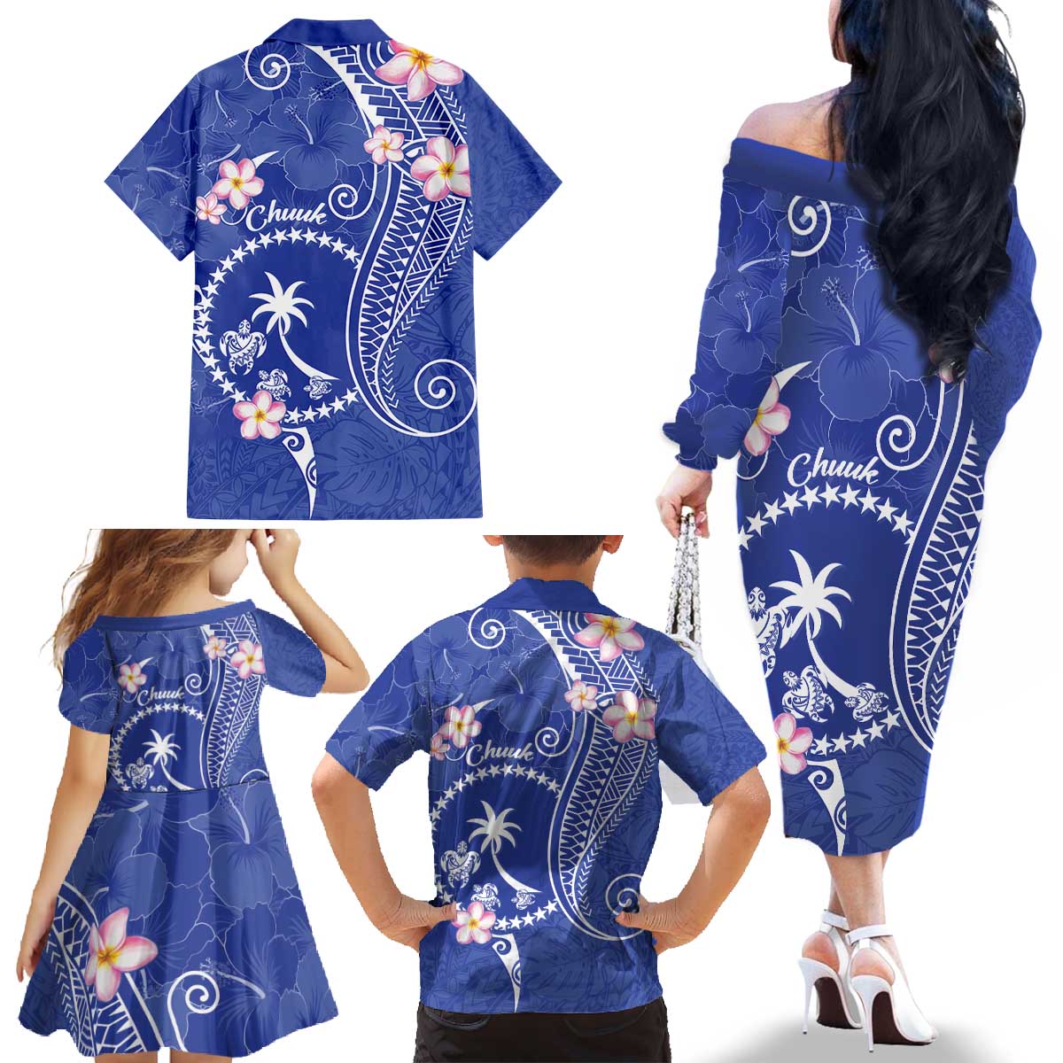 FSM Chuuk Constitution Day Family Matching Off The Shoulder Long Sleeve Dress and Hawaiian Shirt Frangipani Flowers Polynesian Curves Style LT14 - Polynesian Pride