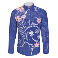FSM Chuuk Constitution Day Family Matching Off The Shoulder Long Sleeve Dress and Hawaiian Shirt Frangipani Flowers Polynesian Curves Style LT14 Dad's Shirt - Long Sleeve Blue - Polynesian Pride