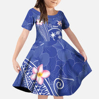 FSM Chuuk Constitution Day Family Matching Off Shoulder Maxi Dress and Hawaiian Shirt Frangipani Flowers Polynesian Curves Style LT14 Daughter's Dress Blue - Polynesian Pride