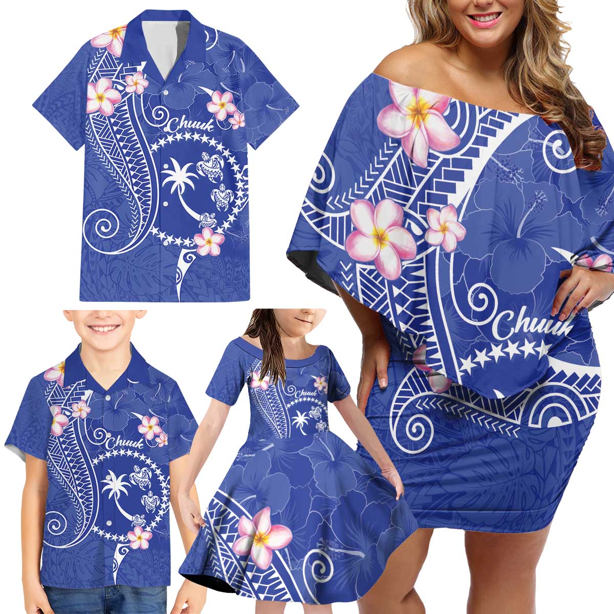 FSM Chuuk Constitution Day Family Matching Off Shoulder Short Dress and Hawaiian Shirt Frangipani Flowers Polynesian Curves Style LT14 - Polynesian Pride