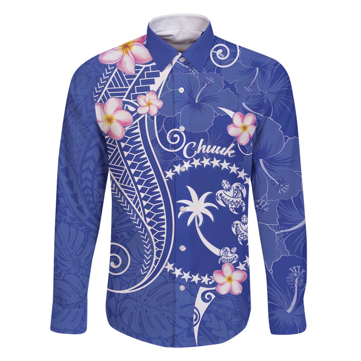 FSM Chuuk Constitution Day Family Matching Off Shoulder Short Dress and Hawaiian Shirt Frangipani Flowers Polynesian Curves Style LT14 Dad's Shirt - Long Sleeve Blue - Polynesian Pride