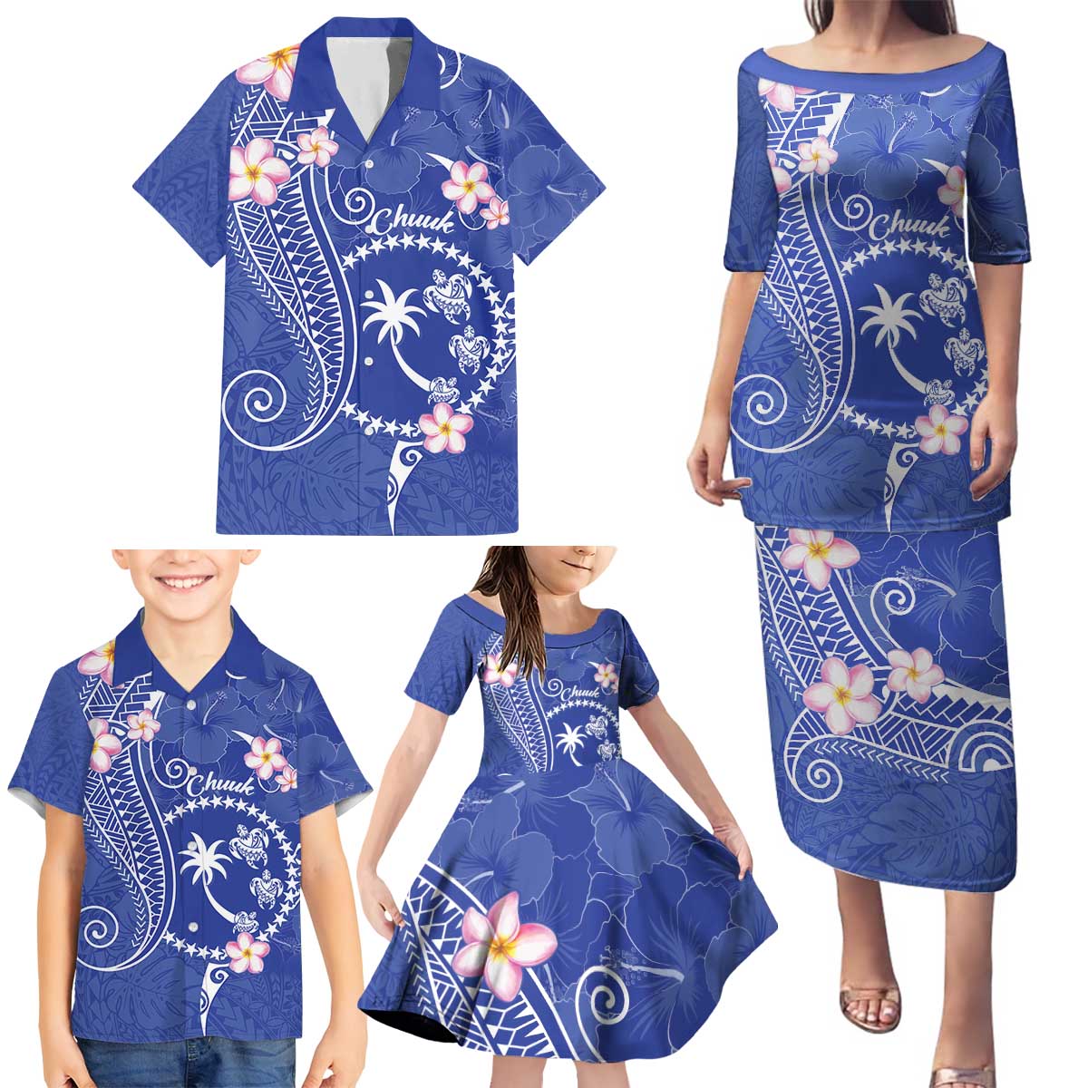 FSM Chuuk Constitution Day Family Matching Puletasi and Hawaiian Shirt Frangipani Flowers Polynesian Curves Style LT14 - Polynesian Pride