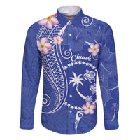 FSM Chuuk Constitution Day Family Matching Puletasi and Hawaiian Shirt Frangipani Flowers Polynesian Curves Style LT14 Dad's Shirt - Long Sleeve Blue - Polynesian Pride