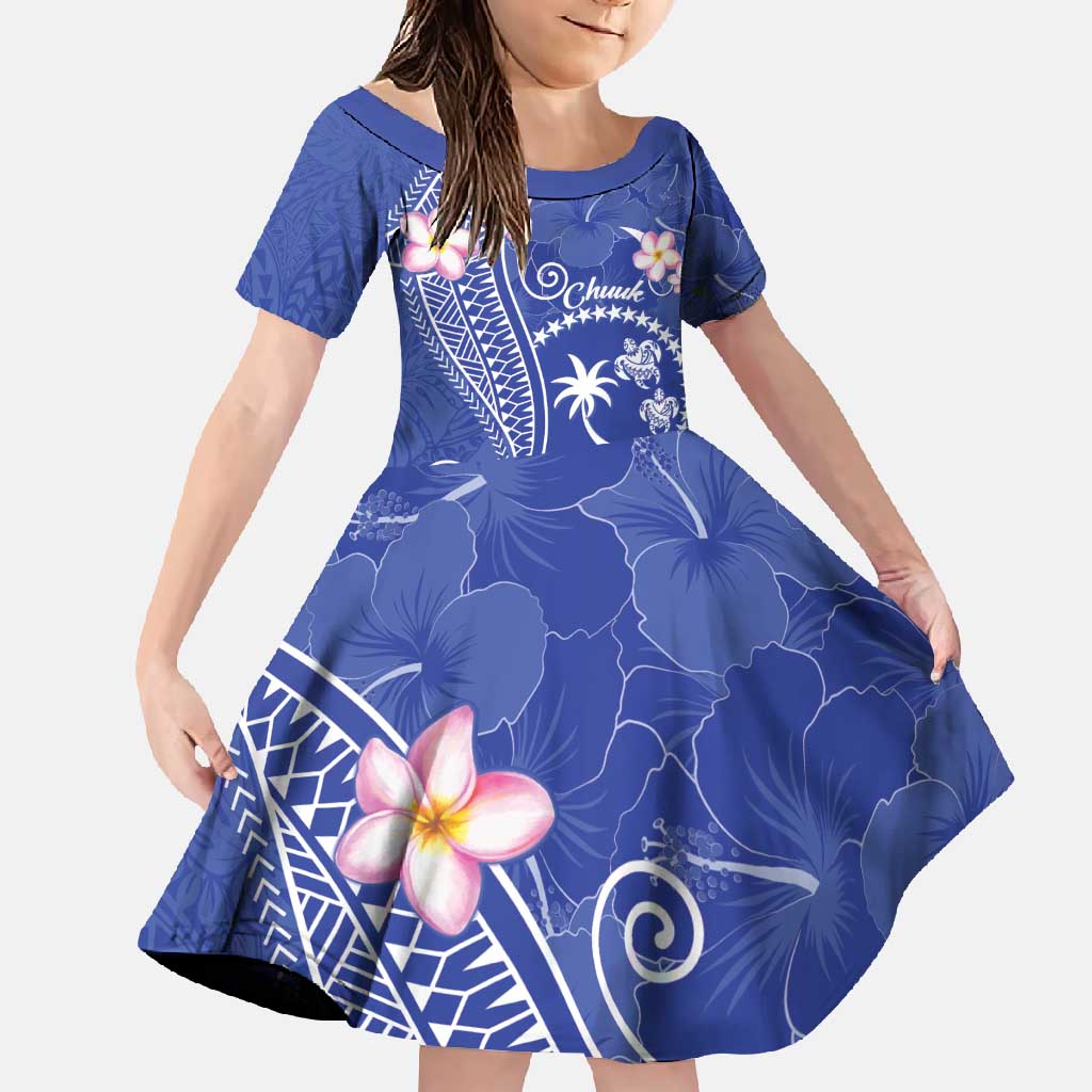 FSM Chuuk Constitution Day Family Matching Summer Maxi Dress and Hawaiian Shirt Frangipani Flowers Polynesian Curves Style LT14 Daughter's Dress Blue - Polynesian Pride