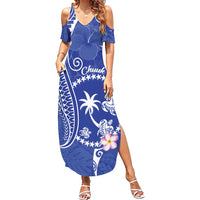 FSM Chuuk Constitution Day Family Matching Summer Maxi Dress and Hawaiian Shirt Frangipani Flowers Polynesian Curves Style LT14 Mom's Dress Blue - Polynesian Pride