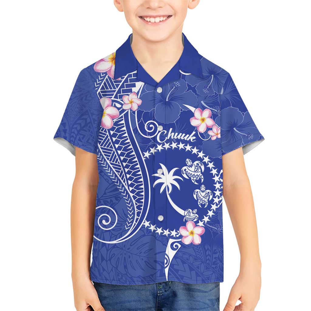 FSM Chuuk Constitution Day Family Matching Summer Maxi Dress and Hawaiian Shirt Frangipani Flowers Polynesian Curves Style LT14 Son's Shirt Blue - Polynesian Pride