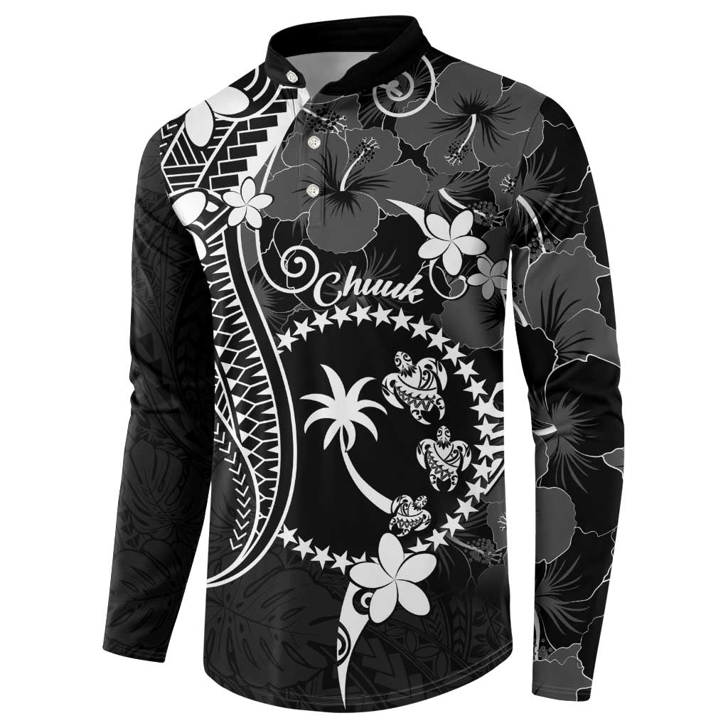 FSM Chuuk Button Sweatshirt Turtle Tropical Flowers Polynesian - Black LT14 - Polynesian Pride