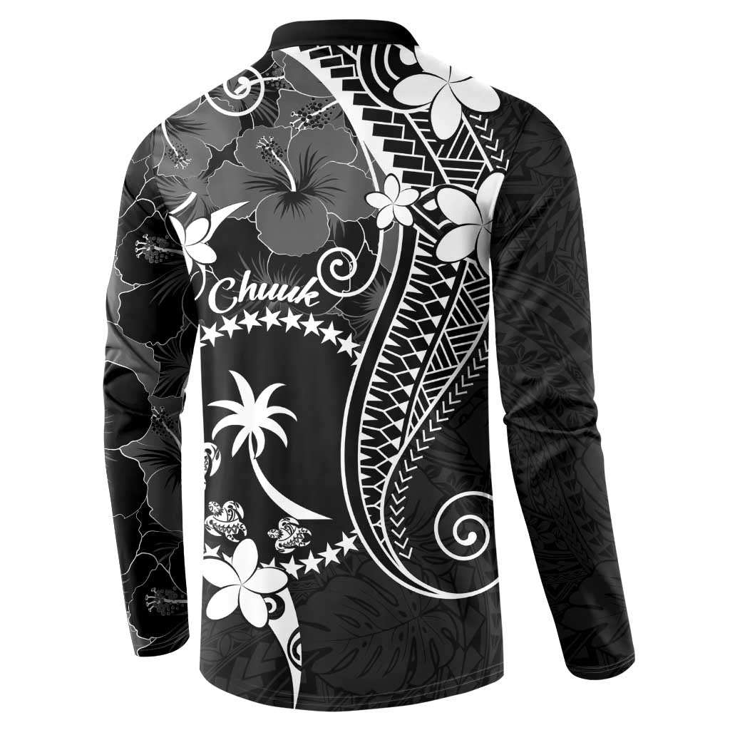 FSM Chuuk Button Sweatshirt Turtle Tropical Flowers Polynesian - Black LT14 - Polynesian Pride
