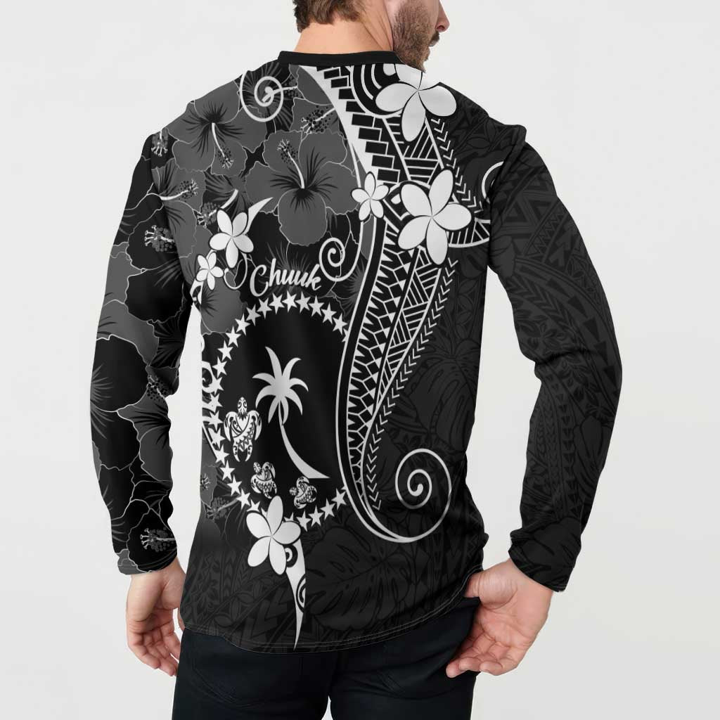 FSM Chuuk Button Sweatshirt Turtle Tropical Flowers Polynesian - Black LT14 - Polynesian Pride