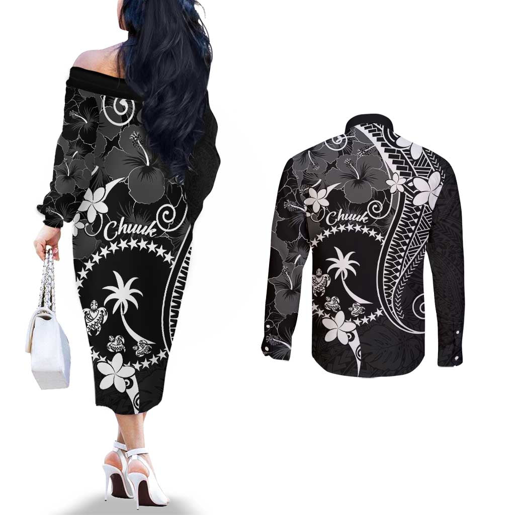 FSM Chuuk Couples Matching Off The Shoulder Long Sleeve Dress and Long Sleeve Button Shirt Turtle Tropical Flowers Polynesian - Black
