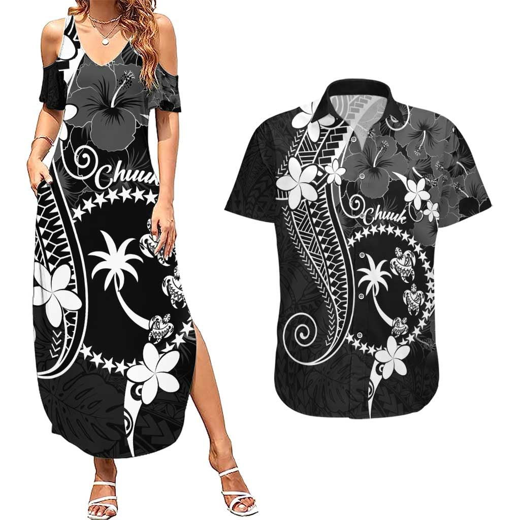 FSM Chuuk Couples Matching Summer Maxi Dress and Hawaiian Shirt Turtle Tropical Flowers Polynesian - Black LT14 Black - Polynesian Pride