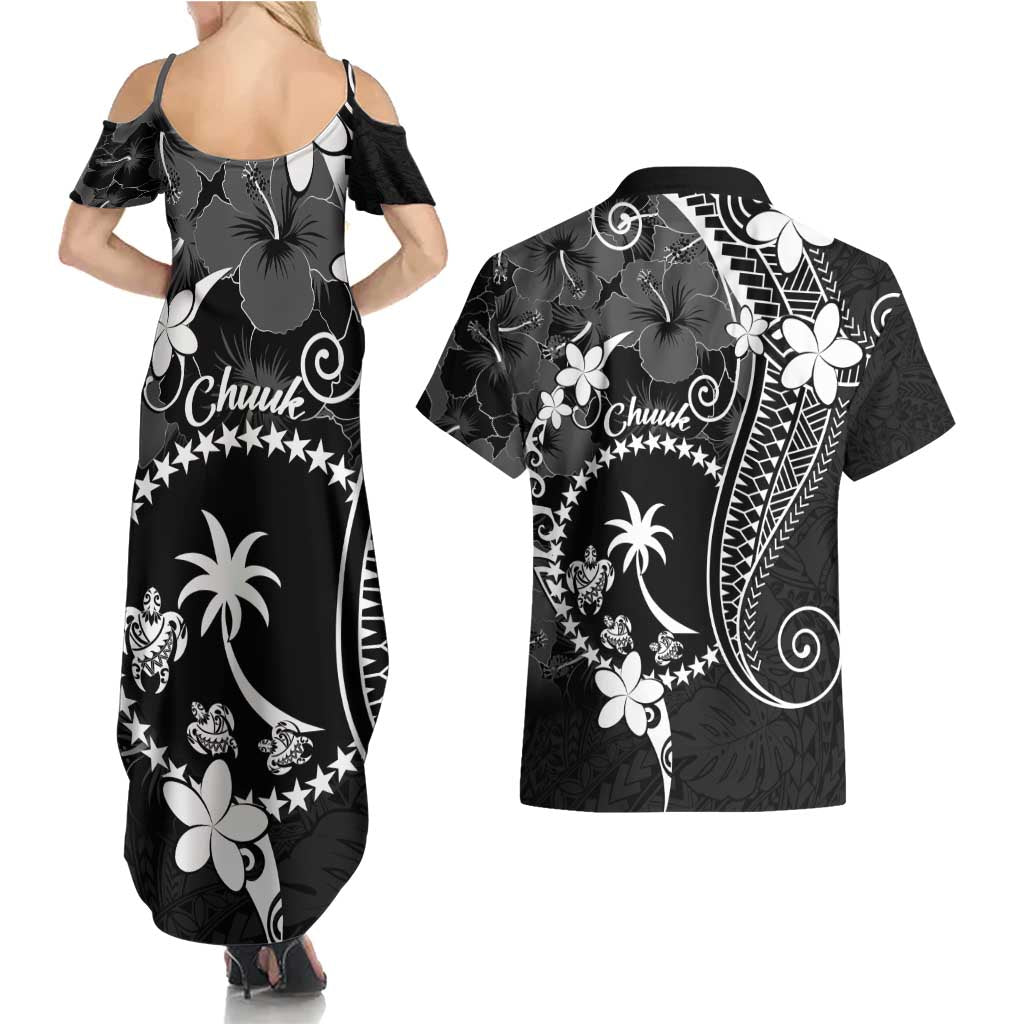 FSM Chuuk Couples Matching Summer Maxi Dress and Hawaiian Shirt Turtle Tropical Flowers Polynesian - Black LT14 - Polynesian Pride