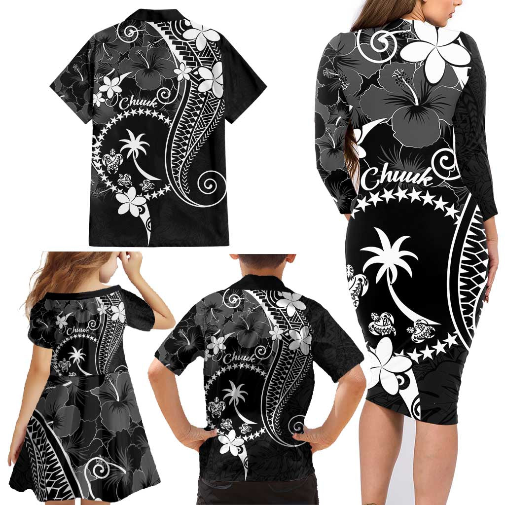 FSM Chuuk Family Matching Long Sleeve Bodycon Dress and Hawaiian Shirt Turtle Tropical Flowers Polynesian - Black LT14 - Polynesian Pride