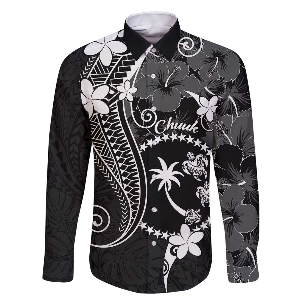 FSM Chuuk Family Matching Long Sleeve Bodycon Dress and Hawaiian Shirt Turtle Tropical Flowers Polynesian - Black LT14 Dad's Shirt - Long Sleeve Black - Polynesian Pride