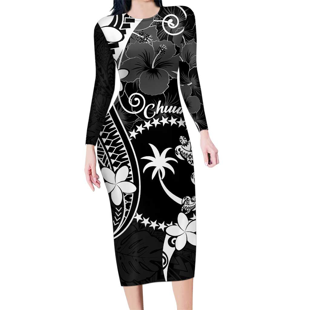 FSM Chuuk Family Matching Long Sleeve Bodycon Dress and Hawaiian Shirt Turtle Tropical Flowers Polynesian - Black LT14 Mom's Dress Black - Polynesian Pride