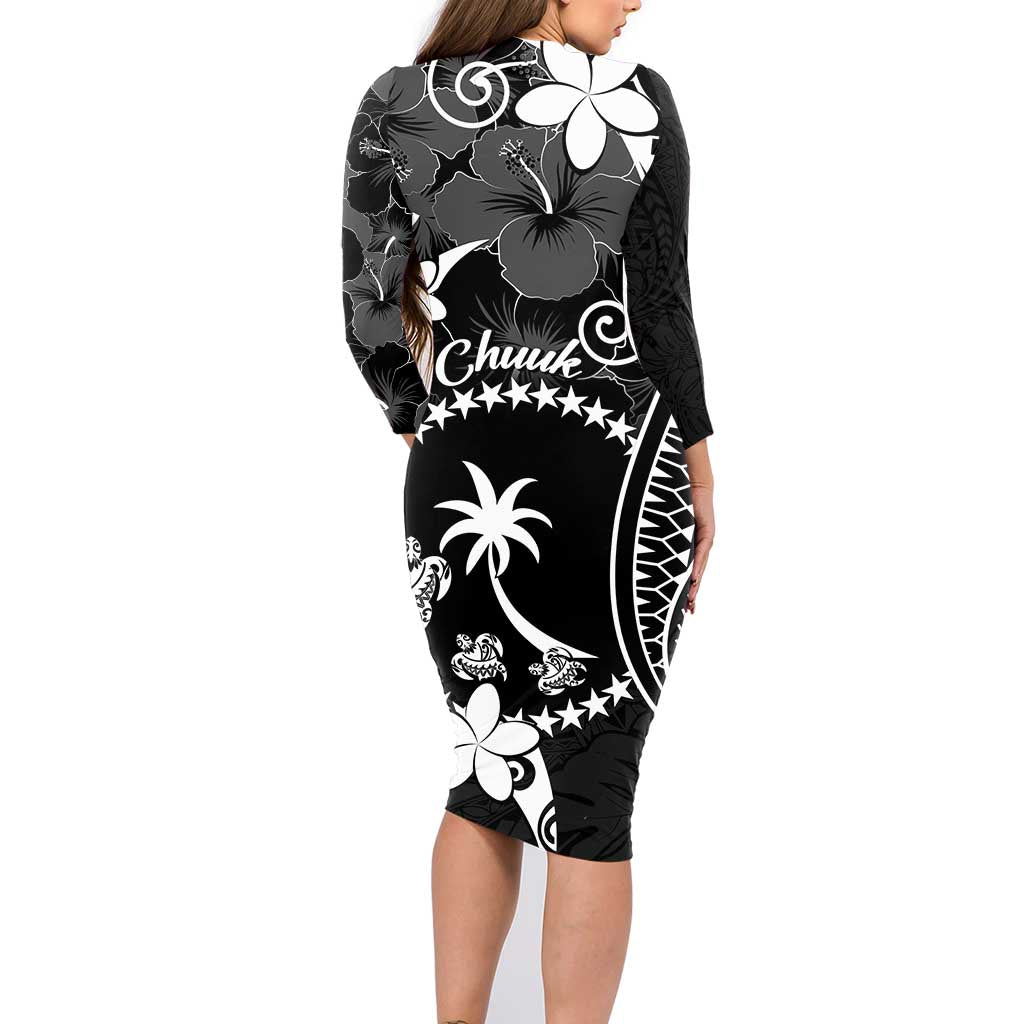 FSM Chuuk Family Matching Long Sleeve Bodycon Dress and Hawaiian Shirt Turtle Tropical Flowers Polynesian - Black LT14 - Polynesian Pride
