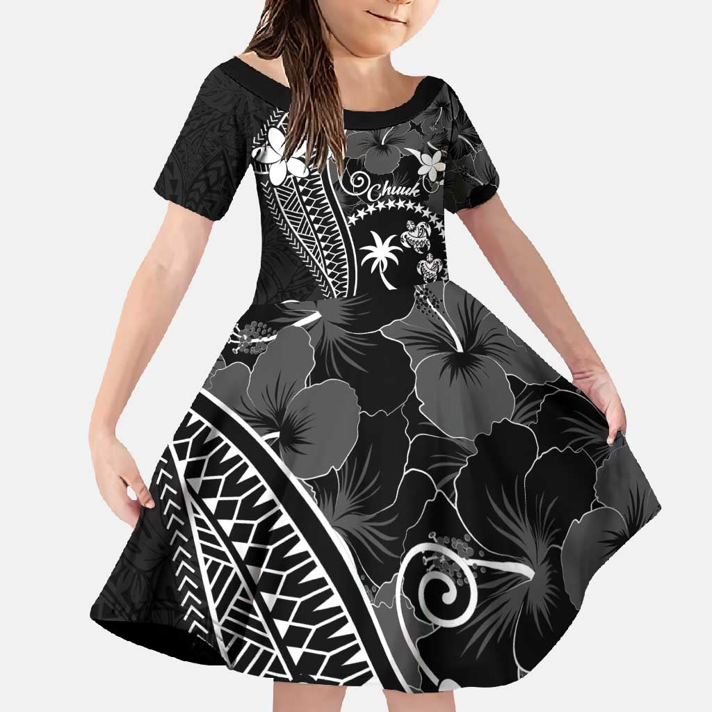FSM Chuuk Family Matching Mermaid Dress and Hawaiian Shirt Turtle Tropical Flowers Polynesian - Black LT14 Daughter's Dress Black - Polynesian Pride