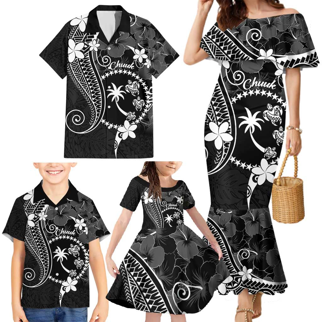 FSM Chuuk Family Matching Mermaid Dress and Hawaiian Shirt Turtle Tropical Flowers Polynesian - Black LT14 - Polynesian Pride