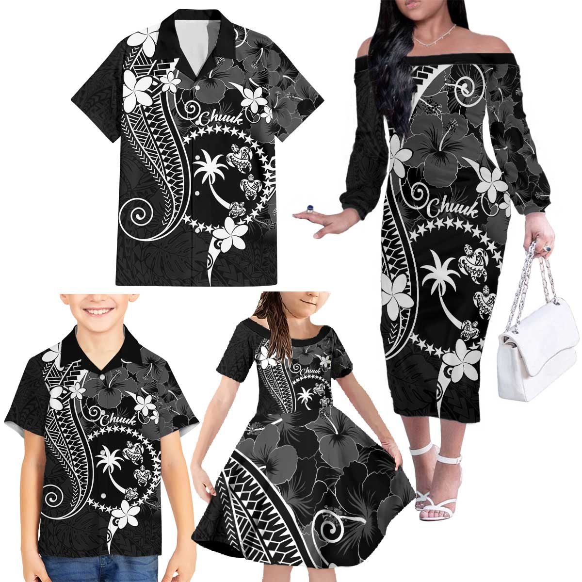 FSM Chuuk Family Matching Off The Shoulder Long Sleeve Dress and Hawaiian Shirt Turtle Tropical Flowers Polynesian - Black LT14 - Polynesian Pride