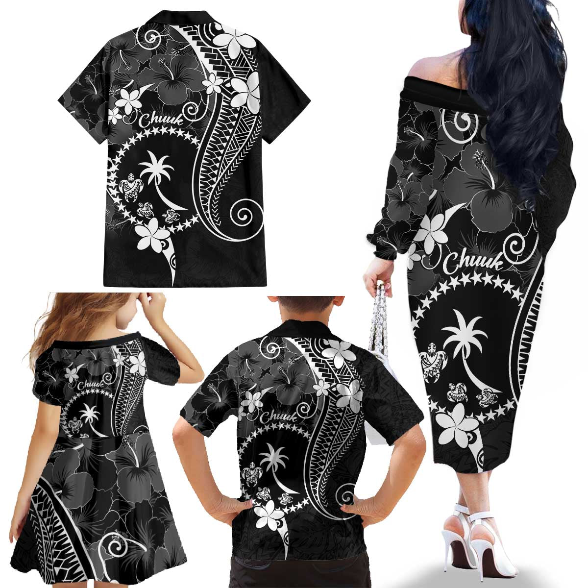 FSM Chuuk Family Matching Off The Shoulder Long Sleeve Dress and Hawaiian Shirt Turtle Tropical Flowers Polynesian - Black LT14 - Polynesian Pride