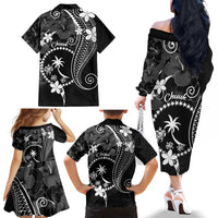 FSM Chuuk Family Matching Off The Shoulder Long Sleeve Dress and Hawaiian Shirt Turtle Tropical Flowers Polynesian - Black LT14 - Polynesian Pride