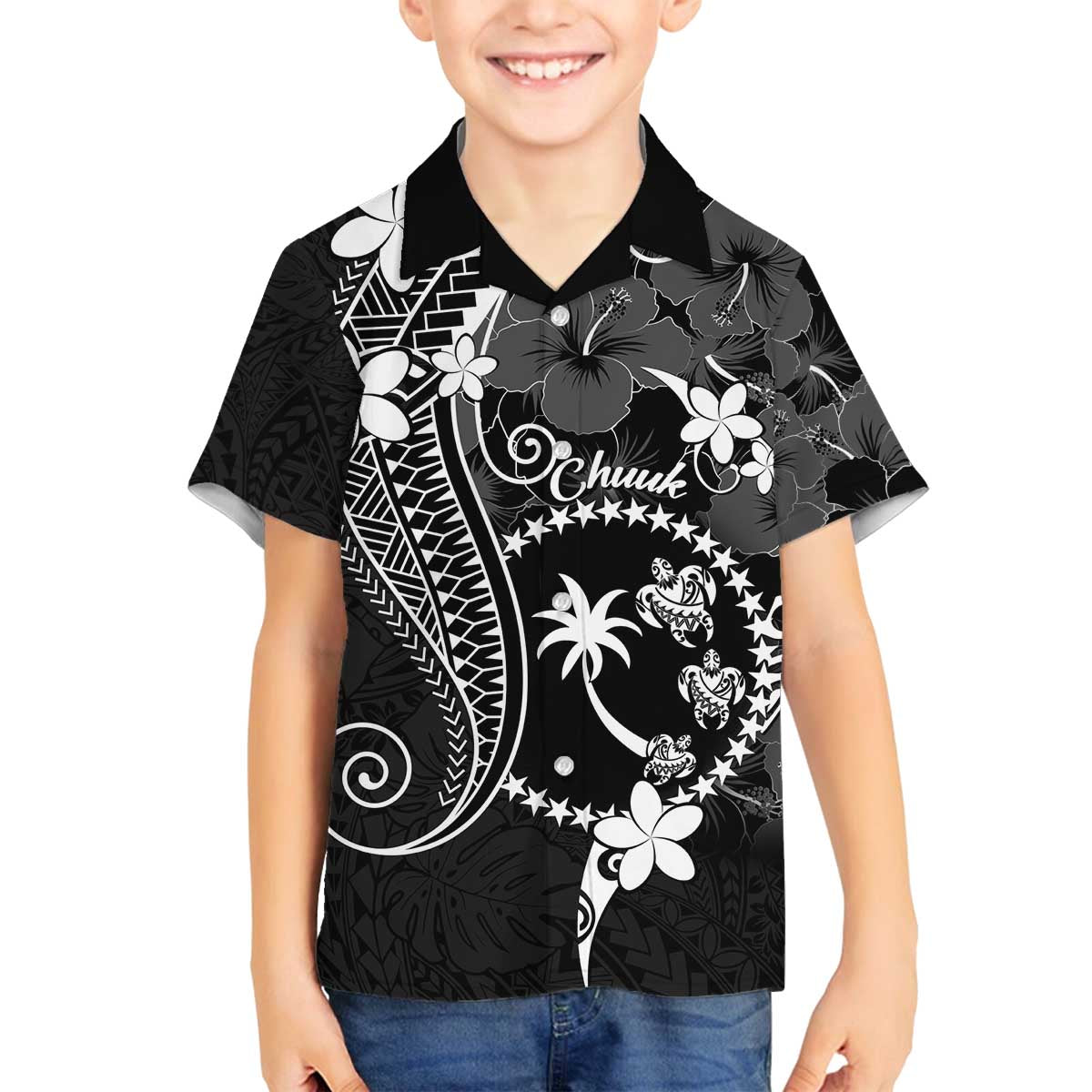 FSM Chuuk Family Matching Off The Shoulder Long Sleeve Dress and Hawaiian Shirt Turtle Tropical Flowers Polynesian - Black LT14 Son's Shirt Black - Polynesian Pride