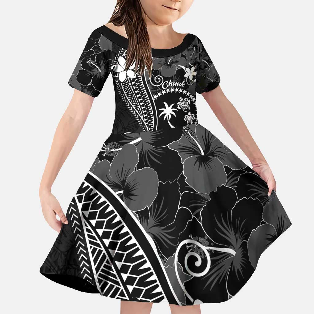 FSM Chuuk Family Matching Off Shoulder Maxi Dress and Hawaiian Shirt Turtle Tropical Flowers Polynesian - Black LT14 Daughter's Dress Black - Polynesian Pride