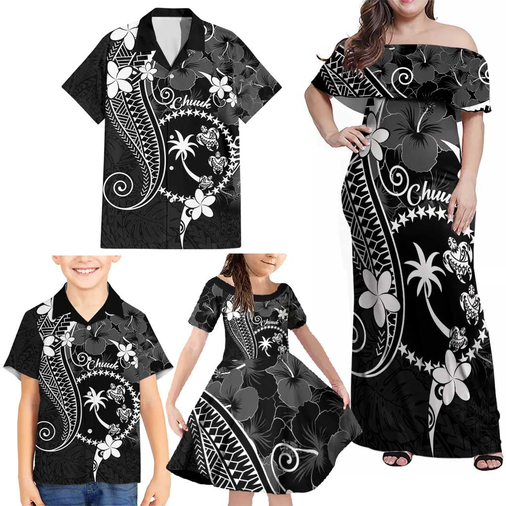 FSM Chuuk Family Matching Off Shoulder Maxi Dress and Hawaiian Shirt Turtle Tropical Flowers Polynesian - Black LT14 - Polynesian Pride