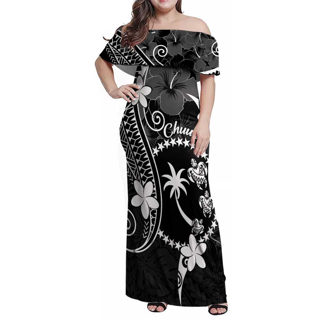 FSM Chuuk Family Matching Off Shoulder Maxi Dress and Hawaiian Shirt Turtle Tropical Flowers Polynesian - Black LT14 Mom's Dress Black - Polynesian Pride