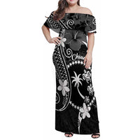 FSM Chuuk Family Matching Off Shoulder Maxi Dress and Hawaiian Shirt Turtle Tropical Flowers Polynesian - Black LT14 Mom's Dress Black - Polynesian Pride