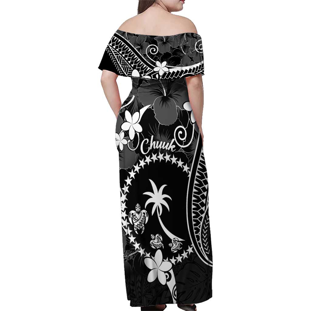 FSM Chuuk Family Matching Off Shoulder Maxi Dress and Hawaiian Shirt Turtle Tropical Flowers Polynesian - Black LT14 - Polynesian Pride