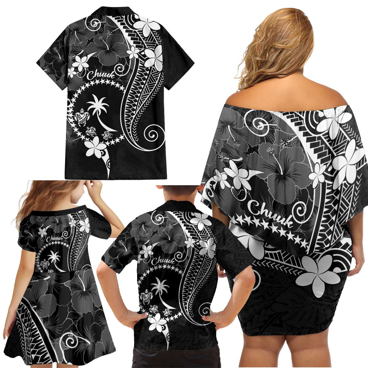 FSM Chuuk Family Matching Off Shoulder Short Dress and Hawaiian Shirt Turtle Tropical Flowers Polynesian - Black LT14 - Polynesian Pride